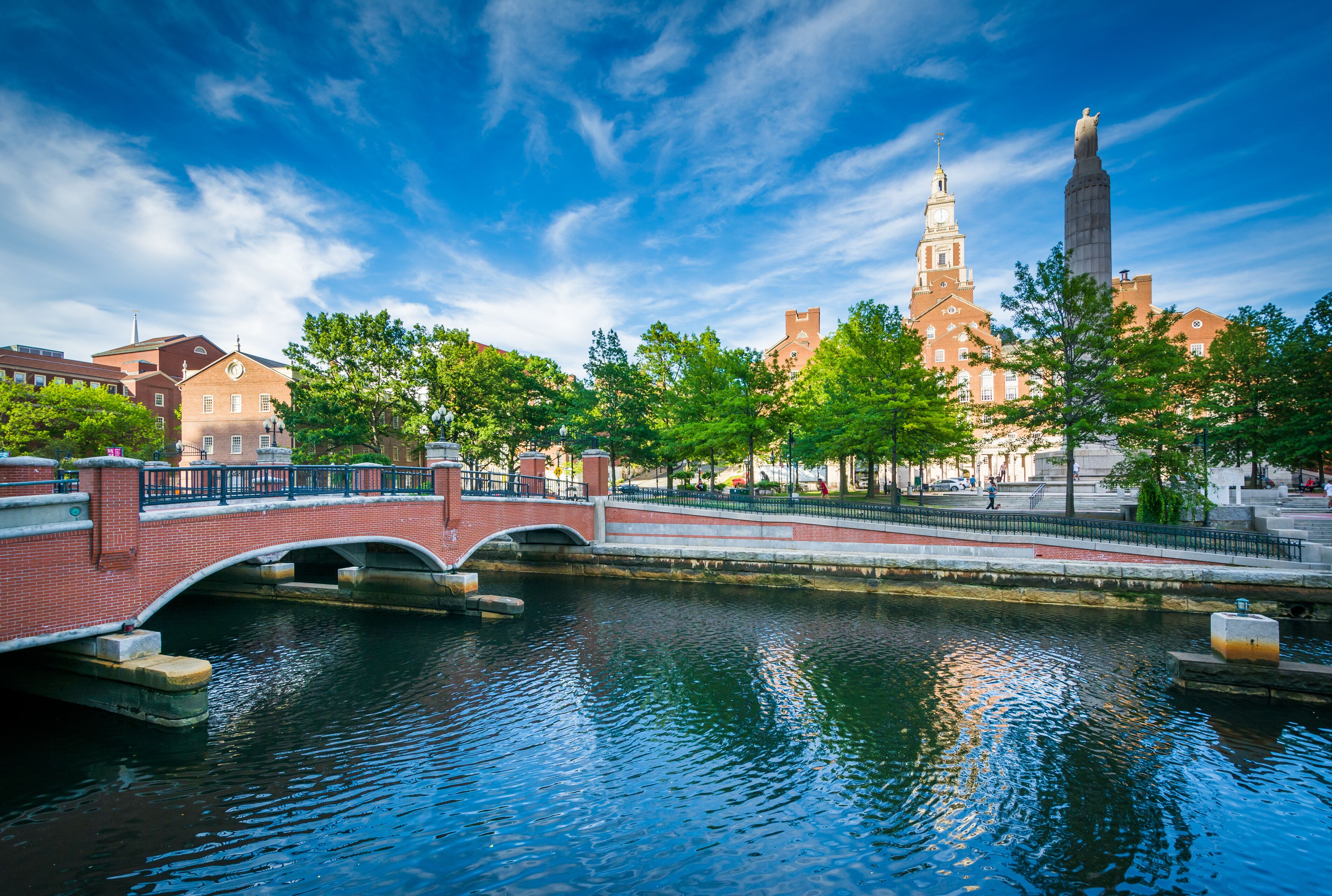 Historic buildings and bridge along the Providence River in downtown Providence, Rhode Island.