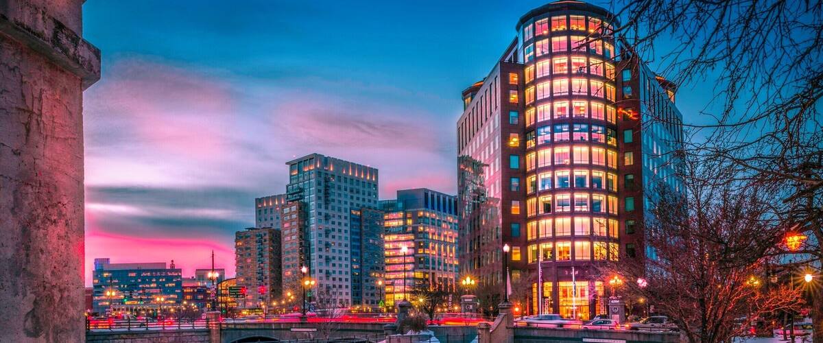 This shot was taken in front of RISD, the Rhode Island School of Design. In the foreground, two rivers meet, the Moshassuck and the Woonasquatucket.
 In the background one can see the 'new' Providence. Most of these buildings have gone up within the past 25 years, after these two rivers were moved. In the warmer weather, Waterfire can be seen illuminating these rivers.
#snow
#BVSBlue