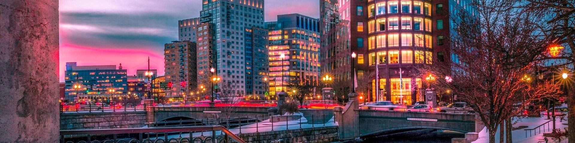 This shot was taken in front of RISD, the Rhode Island School of Design. In the foreground, two rivers meet, the Moshassuck and the Woonasquatucket.
 In the background one can see the 'new' Providence. Most of these buildings have gone up within the past 25 years, after these two rivers were moved. In the warmer weather, Waterfire can be seen illuminating these rivers.
#snow
#BVSBlue