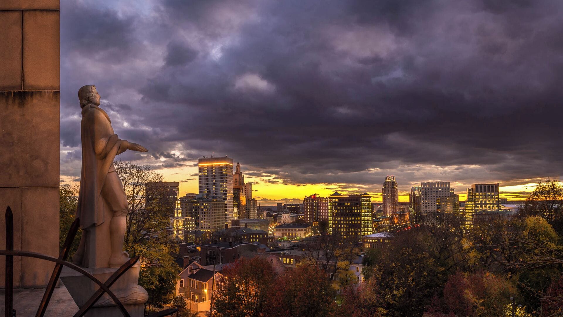 I was sitting in the office, watching the darkening skies and knowing a dramatic sunset was going to happen. I grabbed my camera, left work early and raced to a spot in the city where I knew I would be able to get a good perspective of the city and sunset. Nature did not disappoint.

This is a statue of the founder of Providence and leader of the separation of church and state in America, Roger Williams,

#BVSBlue