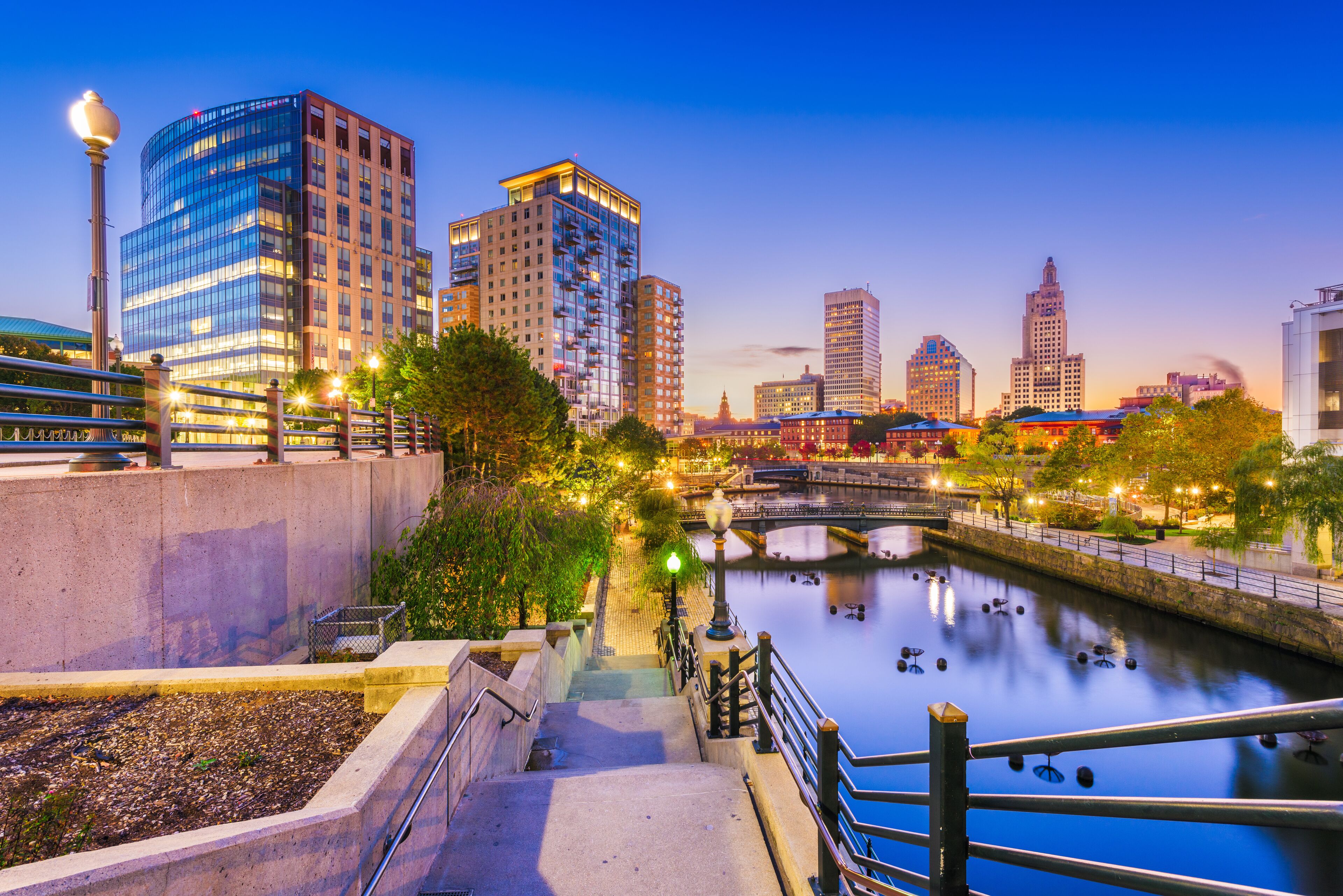 Providence, Rhode Island, USA park and skyline at dawn.