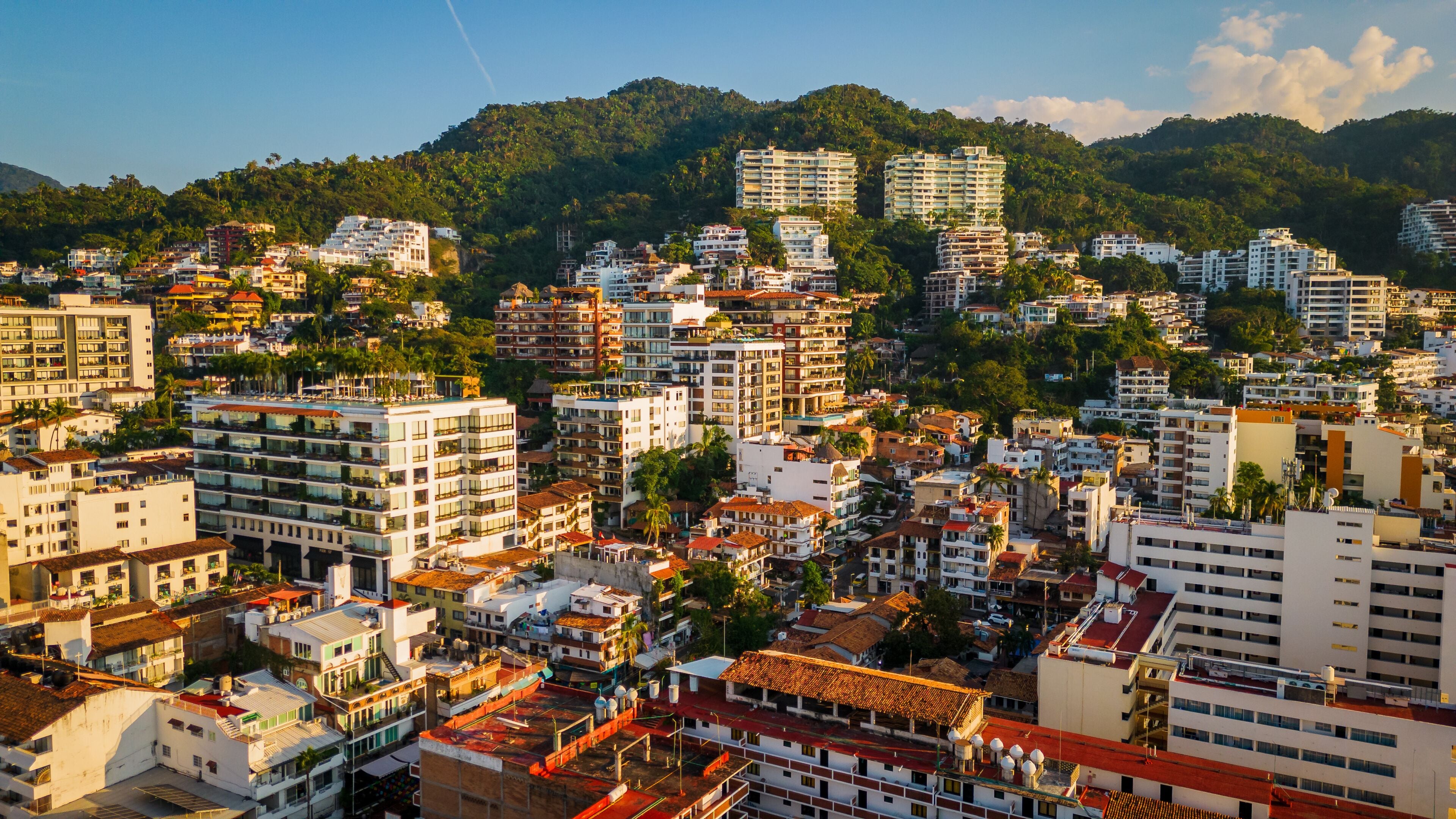 Puerto Vallarta aerial of romantic zone old town Nayarit Mexico drone 