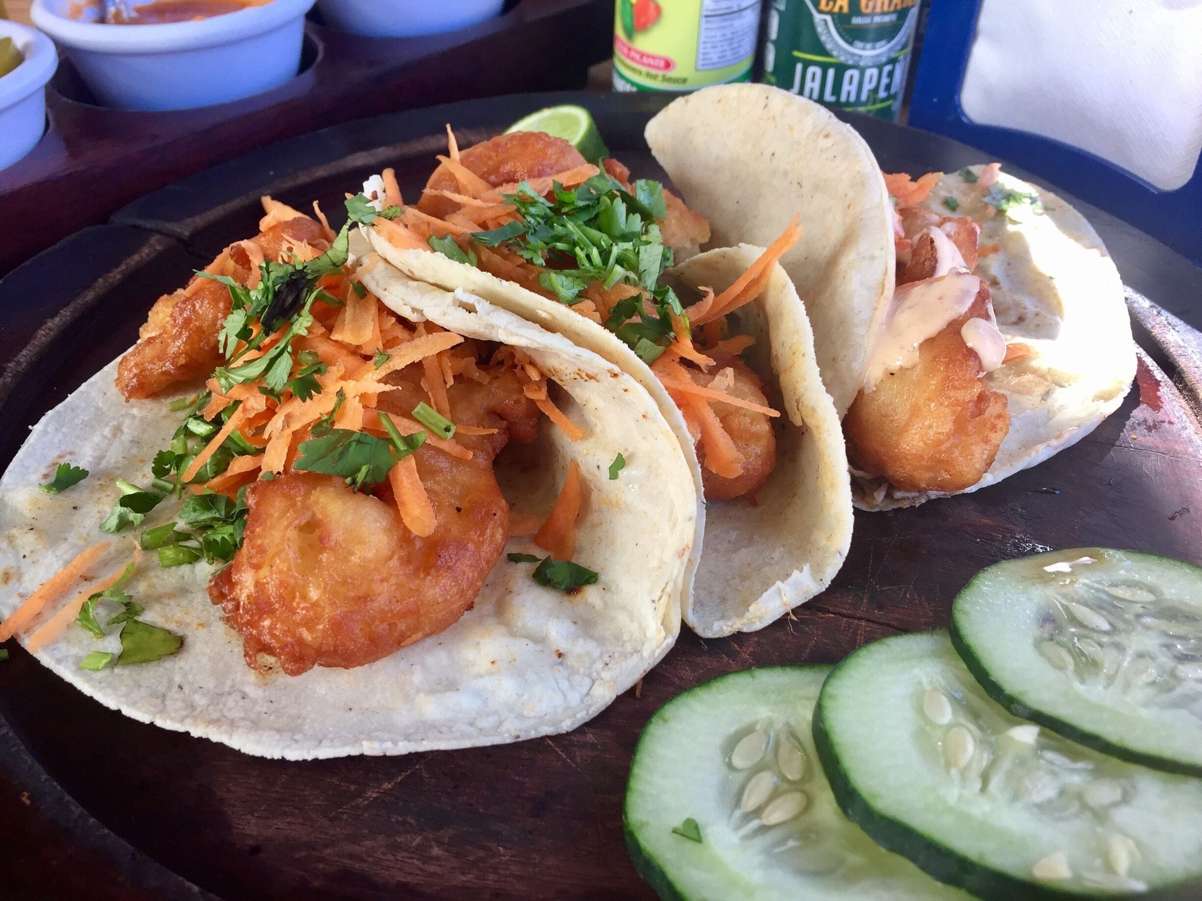 $1 USD each for the worlds best shrimp tacos! 