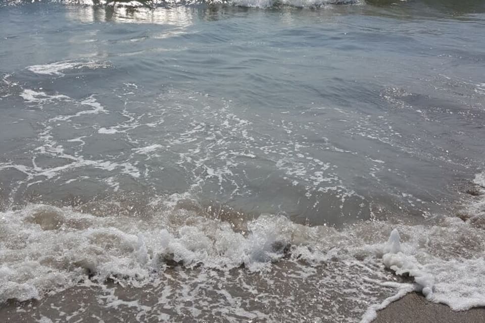 A beach with gentle waves and a distant ship on the horizon.