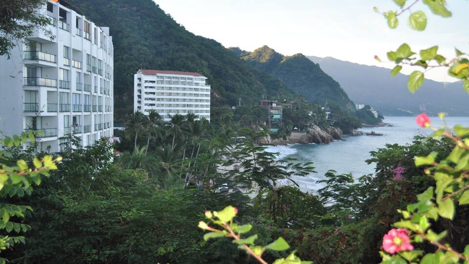 A coastal cityscape with buildings, lush greenery, and a mountainous backdrop.