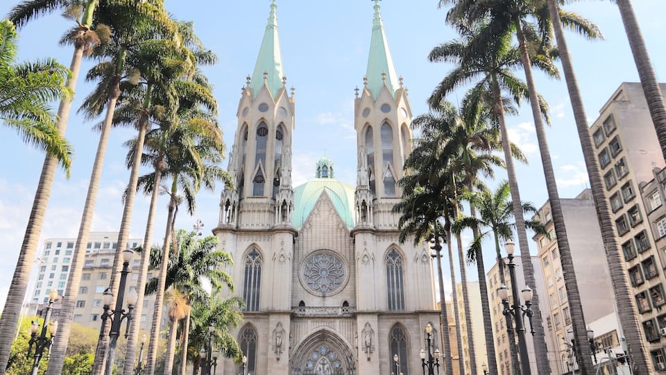 A cathedral with twin spires and a large rose window, surrounded by palm trees and modern buildings.