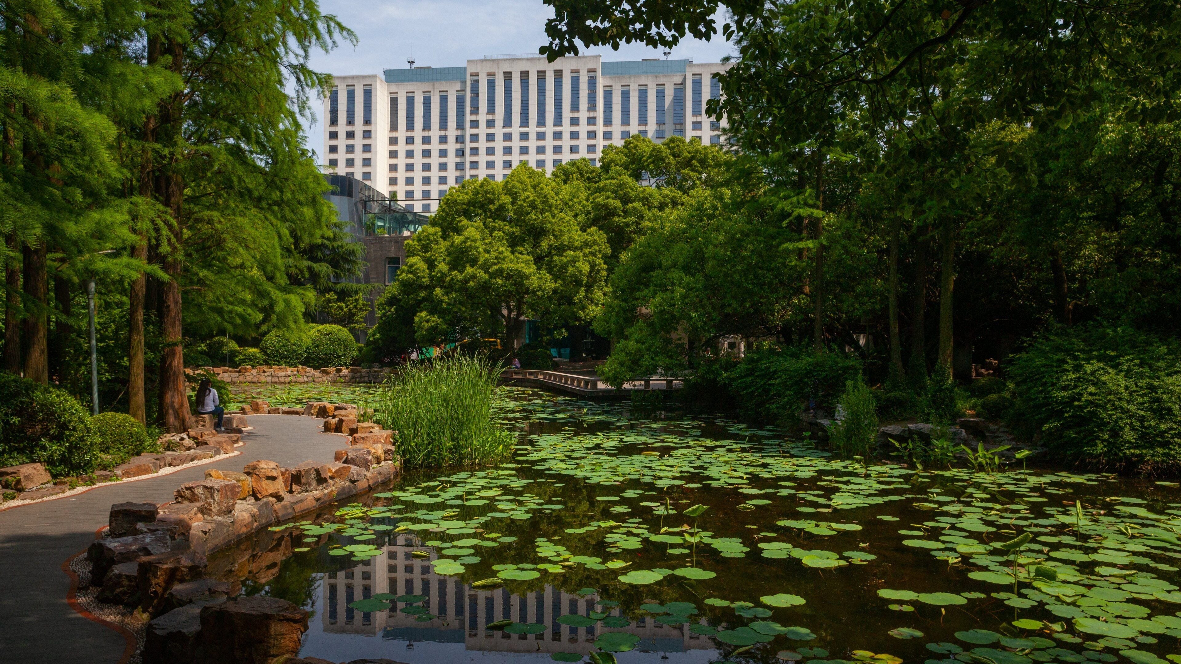 Shanghai which includes a garden and a pond