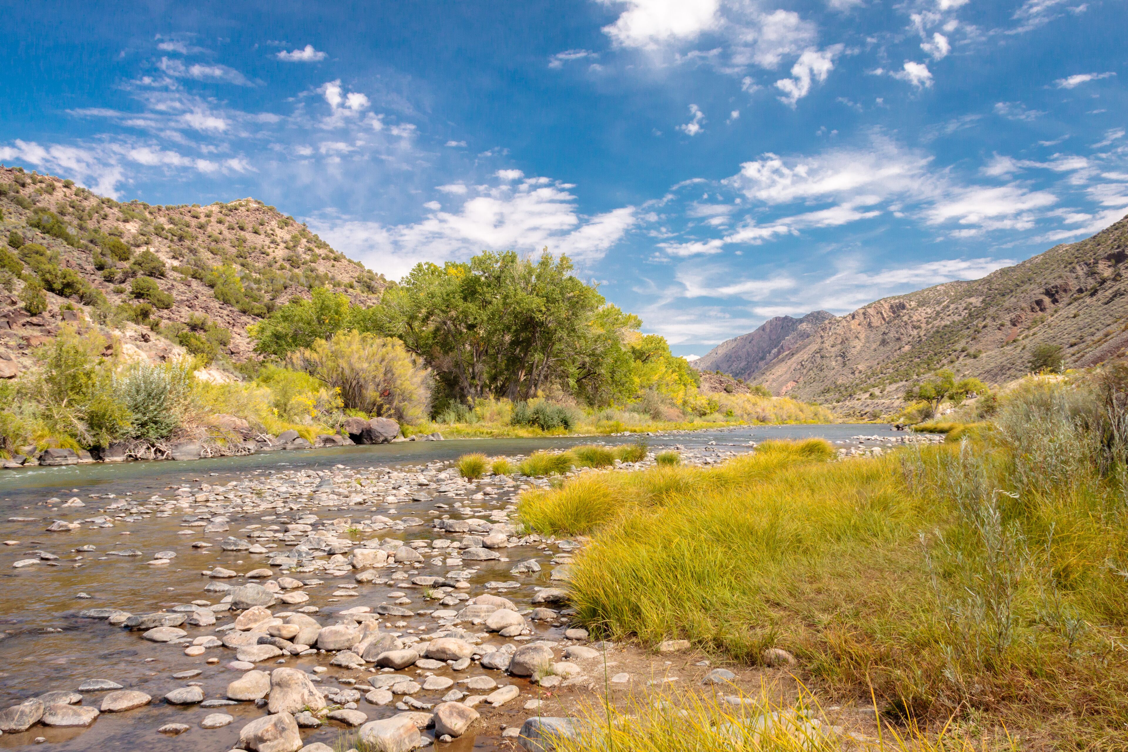 Un río con rocas y vegetación verde en una zona montañosa.