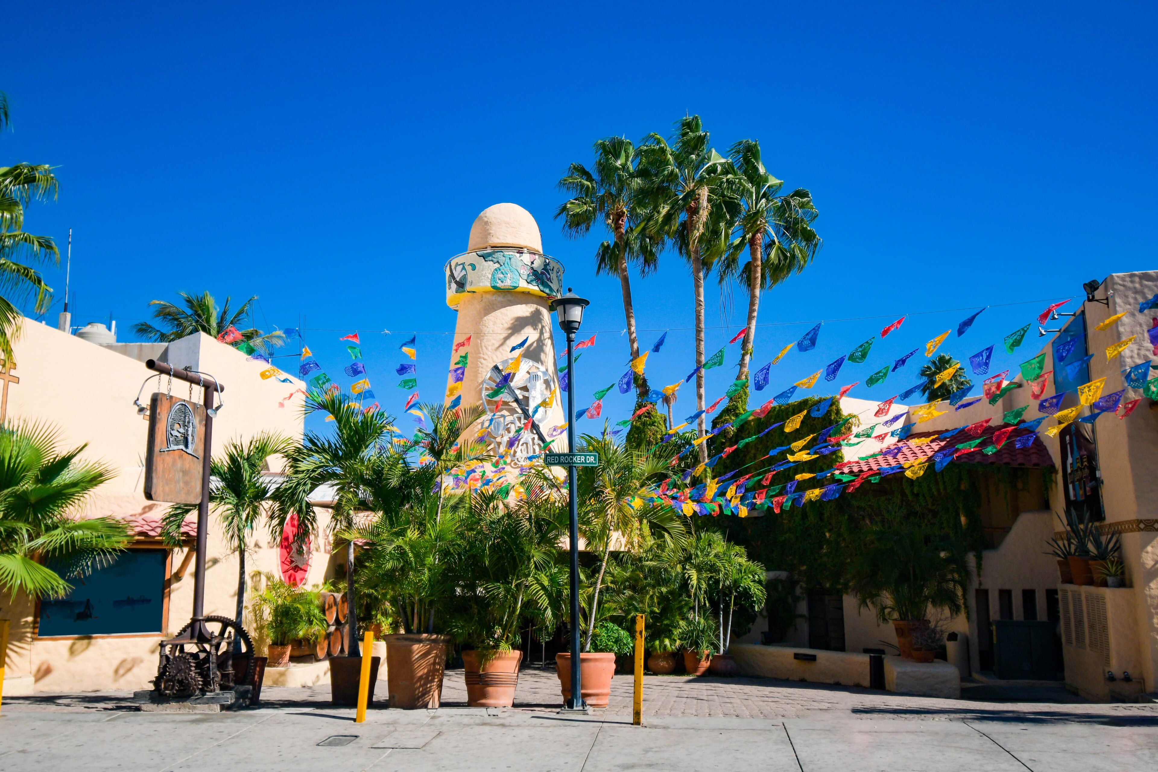 Una plaza con un edificio histórico, palmeras y banderas coloridas.