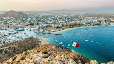 A coastal cityscape with a prominent mountain, a marina with boats, and a flag on a rocky outcrop.