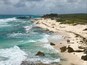 A beach with waves crashing onto the shore, a few people walking along the beach, and a road leading to a distant village.