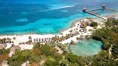 Un resort tropical con una playa de arena blanca, palmeras, aguas turquesas cristalinas y un muelle que se adentra en el mar.