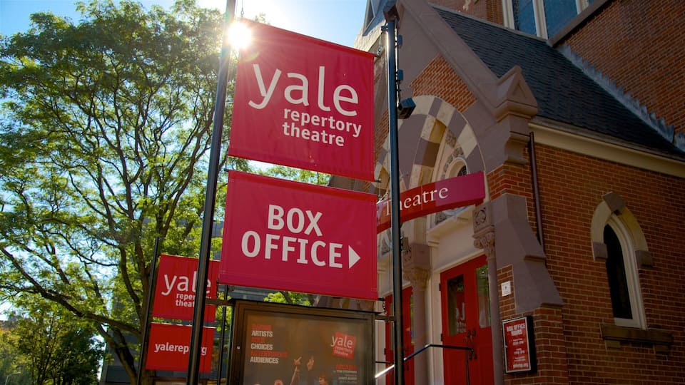 A red sign for Yale Repertory Theatre and a sign for the Box Office.