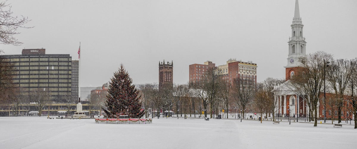 A snow-covered park with a decorated Christmas tree, a church with a steeple, and several buildings in the background.