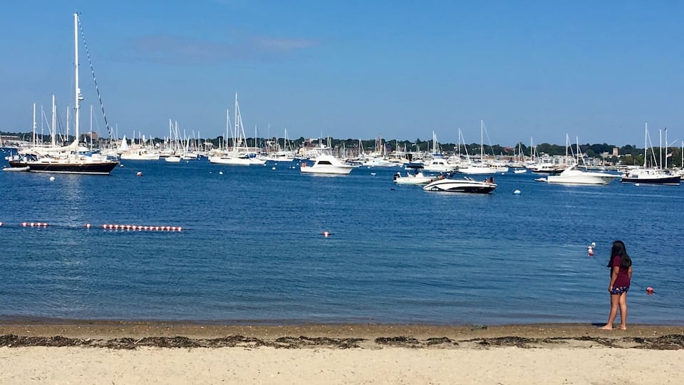 A beach with a marina filled with sailboats.