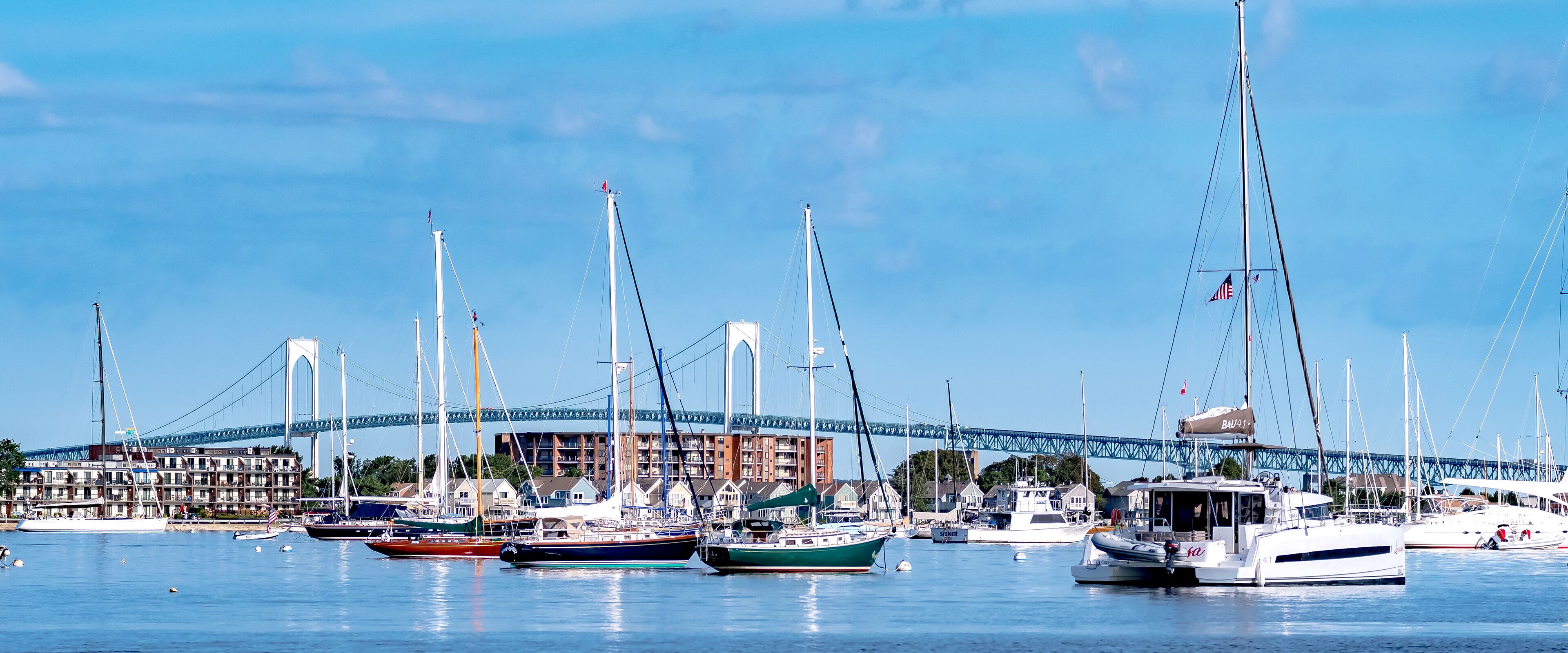 A marina with various sailboats docked, a bridge in the background, and buildings along the waterfront.