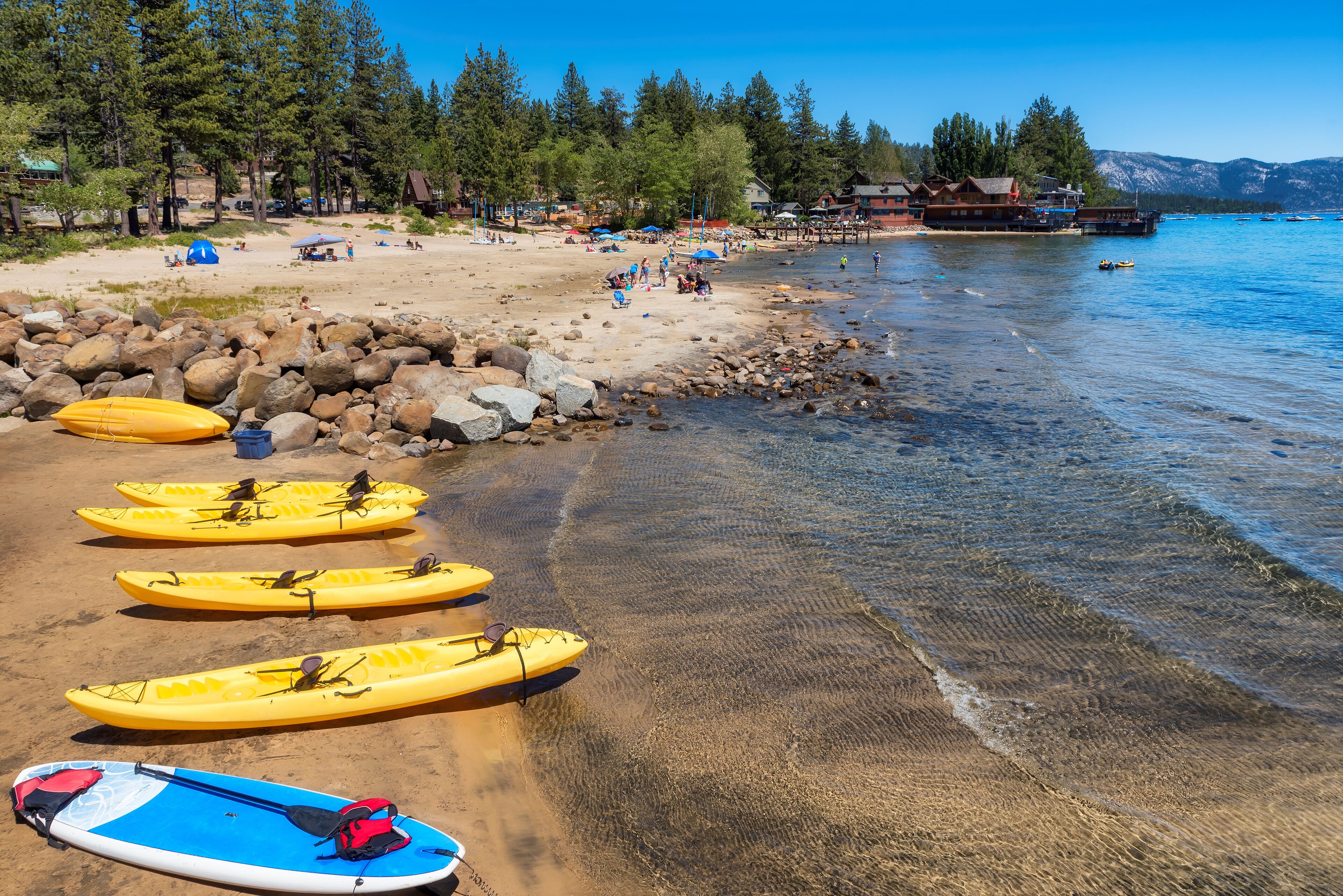 Kayaks lined up on a sandy beach with a calm lake and a forest in the background.