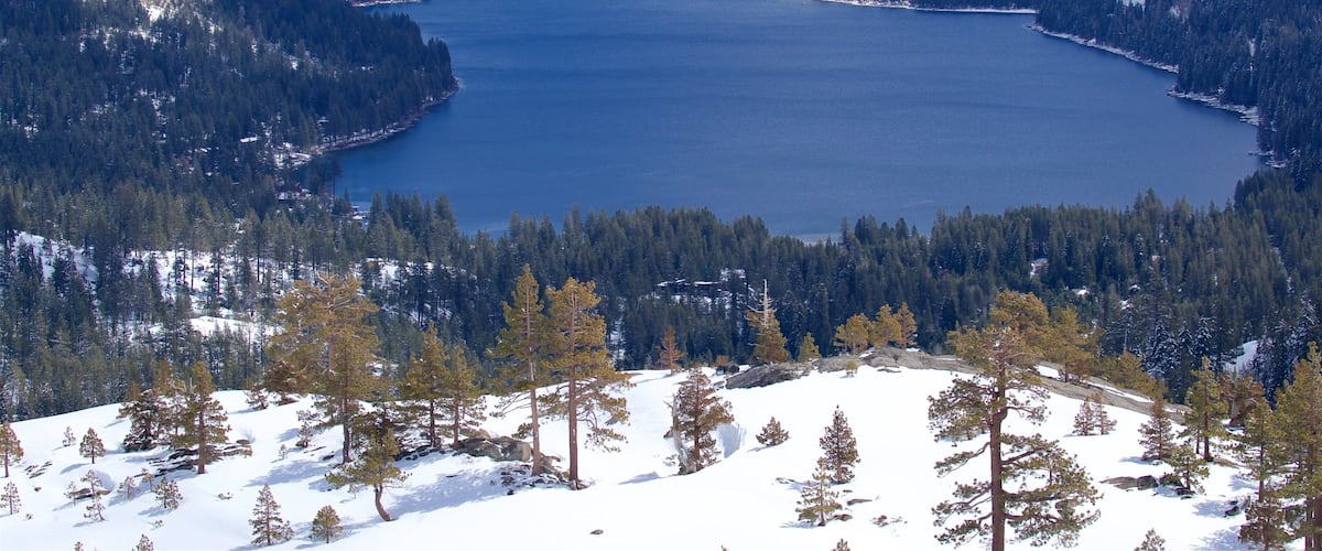ForĂȘt nationale de Tahoe mettant en vedette neige, scĂšnes tranquilles et lac ou Ă©tang