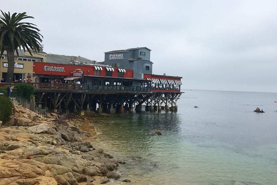 En brygga som sträcker sig ut i stilla vatten, med en fisk- och skaldjursrestaurang vid namn ”Fish Hopper” på sidan.
