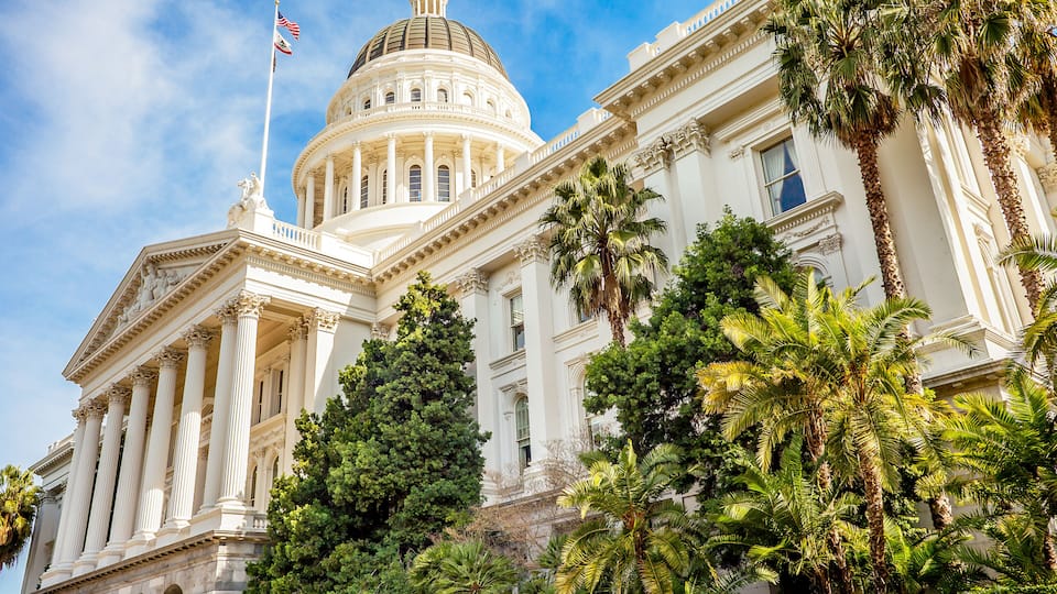 A grand neoclassical building with a prominent dome and columns, surrounded by lush palm trees.
