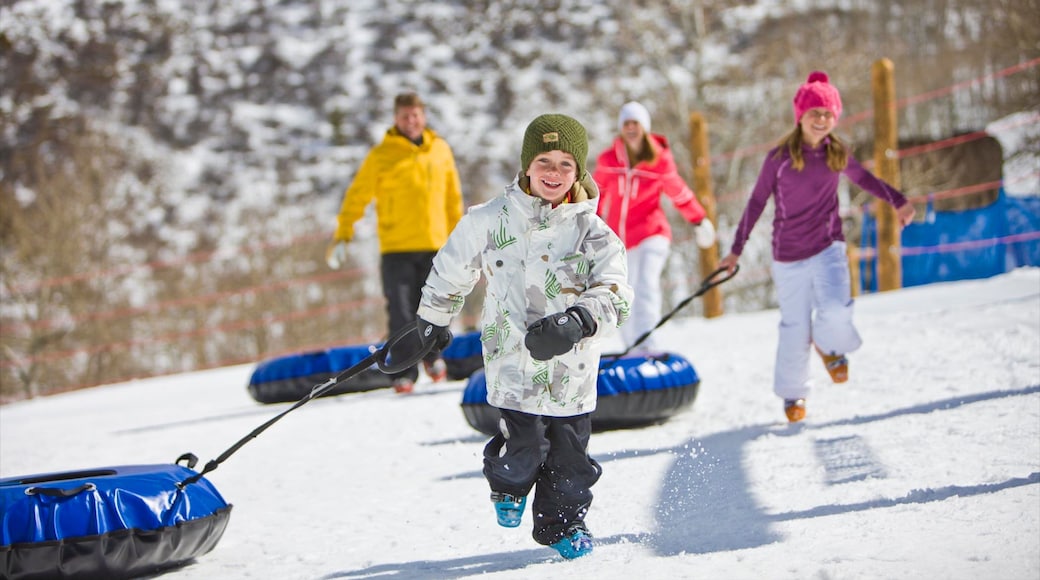 Vail - Beaver Creek showing snow and snow tubing as well as a family