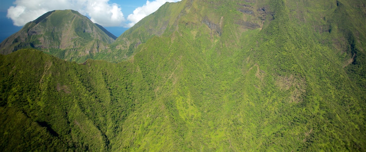 A lush green mountain range with a clear blue sky.