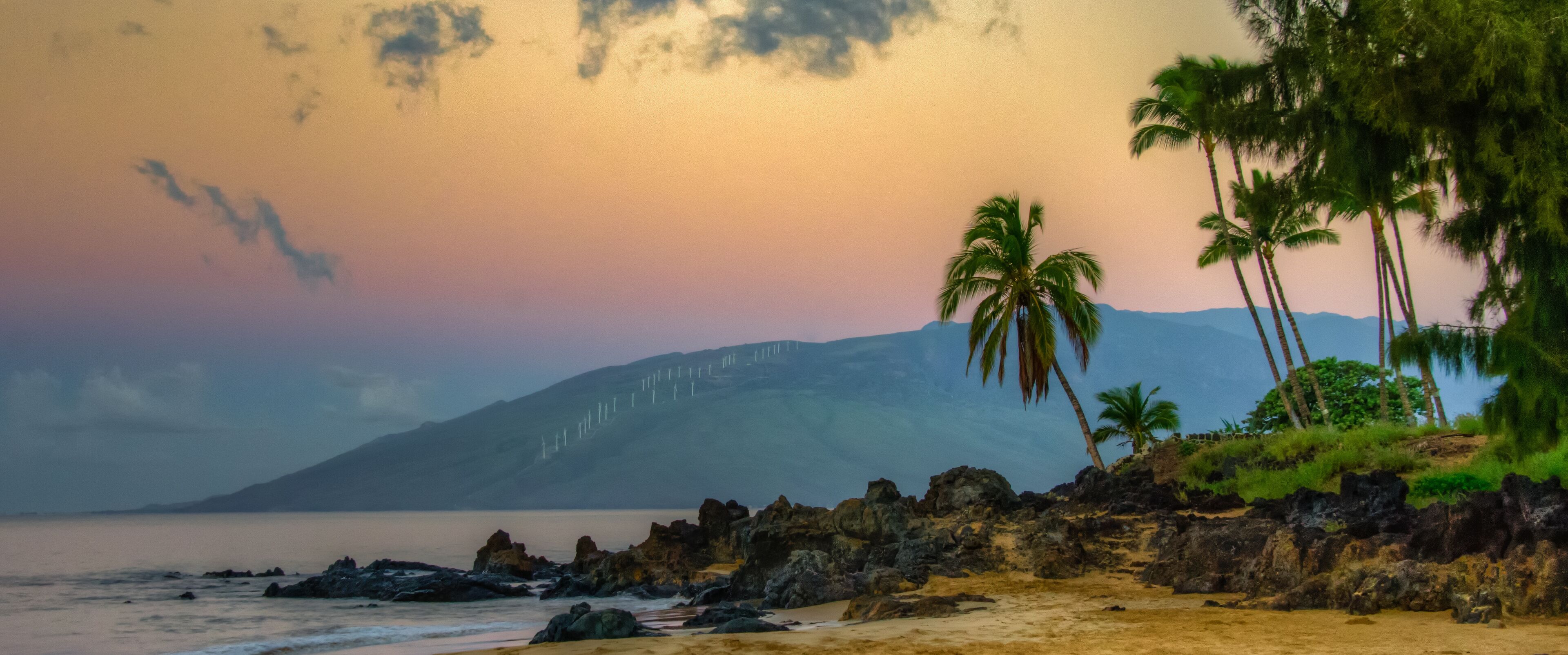 A beach with palm trees, rocky outcrops, and a mountain in the background.