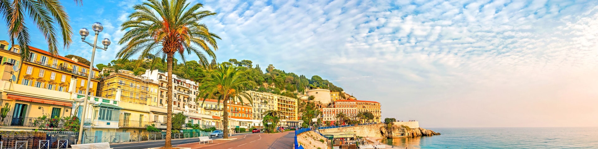 Promenade des Anglais in Nice at sunset. Cote d'Azur, French riviera, France