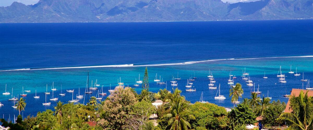 Tahití ofreciendo vistas generales de la costa y una bahía o puerto