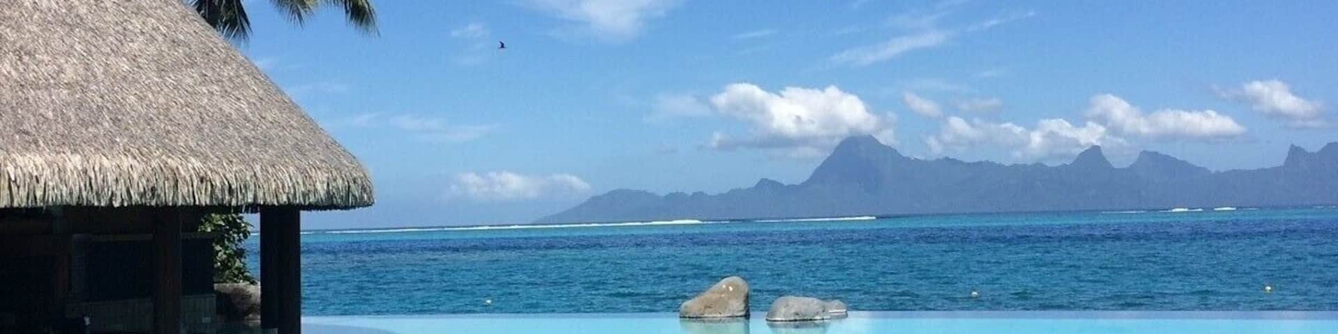A clear blue ocean with a thatched hut and palm trees.