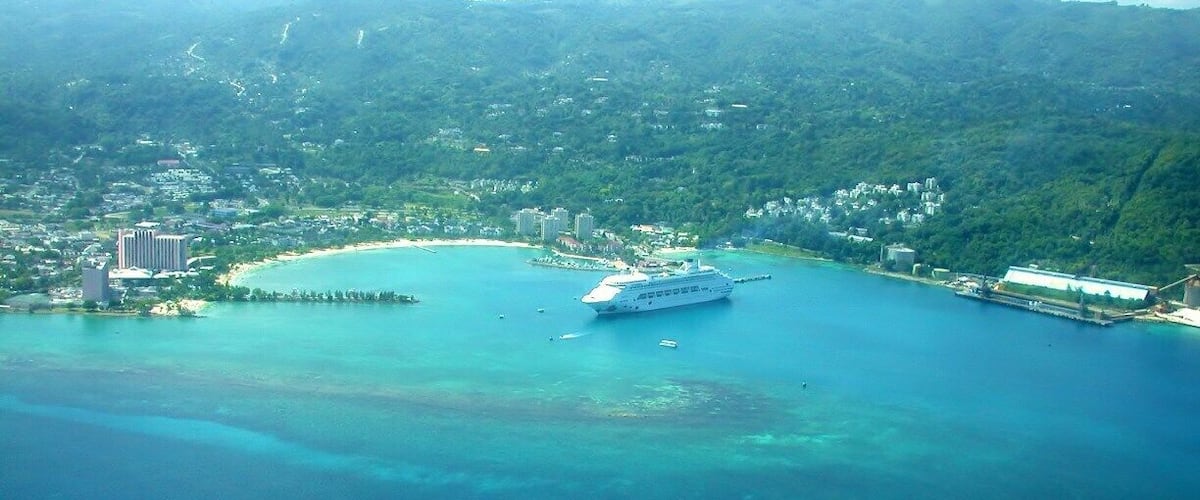 Beautiful aerial view of Montego Bay with a cruise ship in port. We stayed at the couples only, all-inclusive Couples Ocho Rios resort for 3 days and this was on our way to 4 days at the Couples Negril resort. I highly recommend both of the resorts.