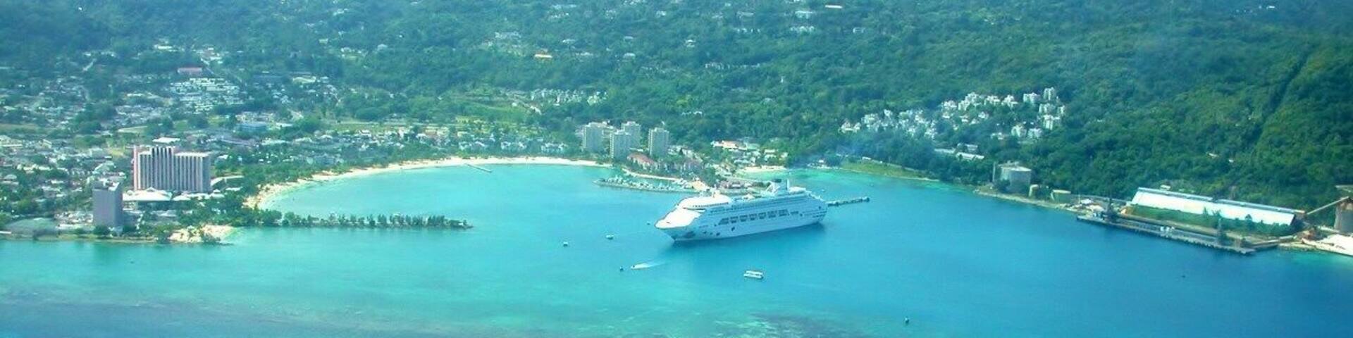 Beautiful aerial view of Montego Bay with a cruise ship in port. We stayed at the couples only, all-inclusive Couples Ocho Rios resort for 3 days and this was on our way to 4 days at the Couples Negril resort. I highly recommend both of the resorts.