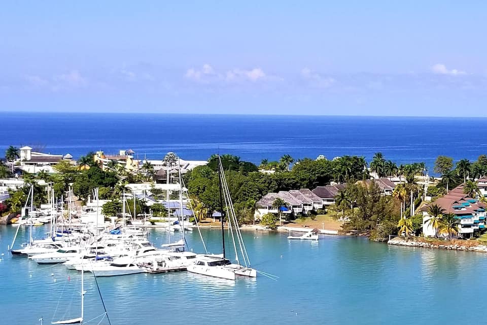 Un puerto deportivo con varios veleros amarrados, rodeado de edificios residenciales y palmeras, con el océano al fondo.