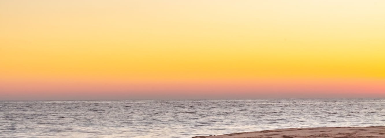 Un perro descansando sobre una playa arenosa, con un atardecer de fondo.