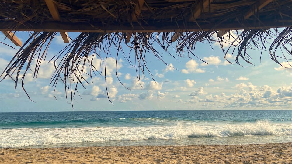 A beach with waves, a clear sky, and a thatched roof structure.