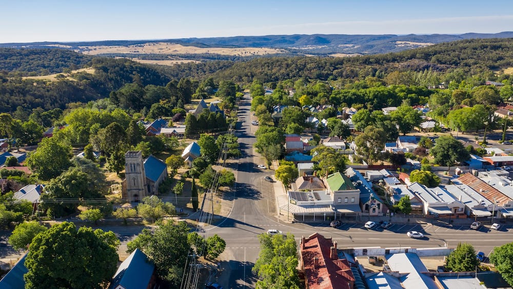 Aerial view of Ford and Church streets in Beechworth, Victoria, Australia