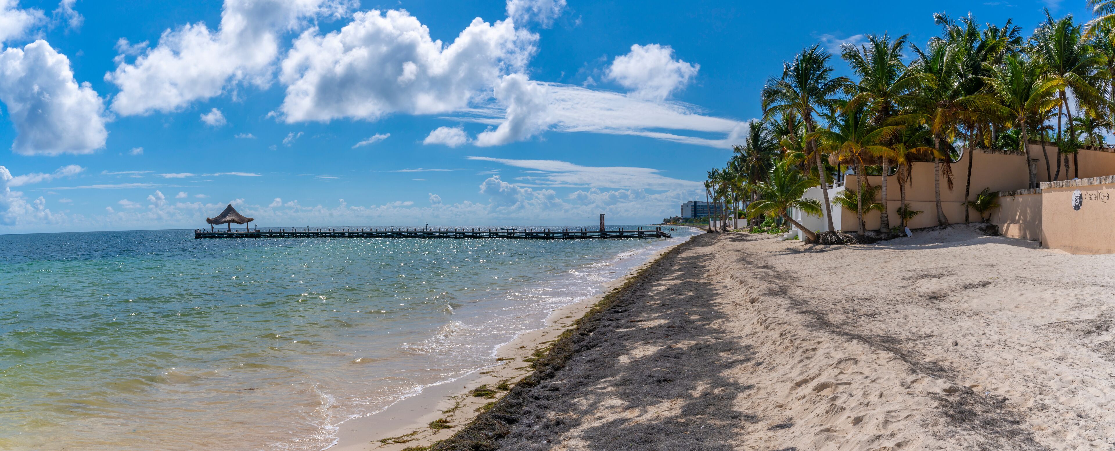 View of beach and sea at Puerto Morelos, Caribbean Coast, Yucatan Peninsula, Riviera Maya