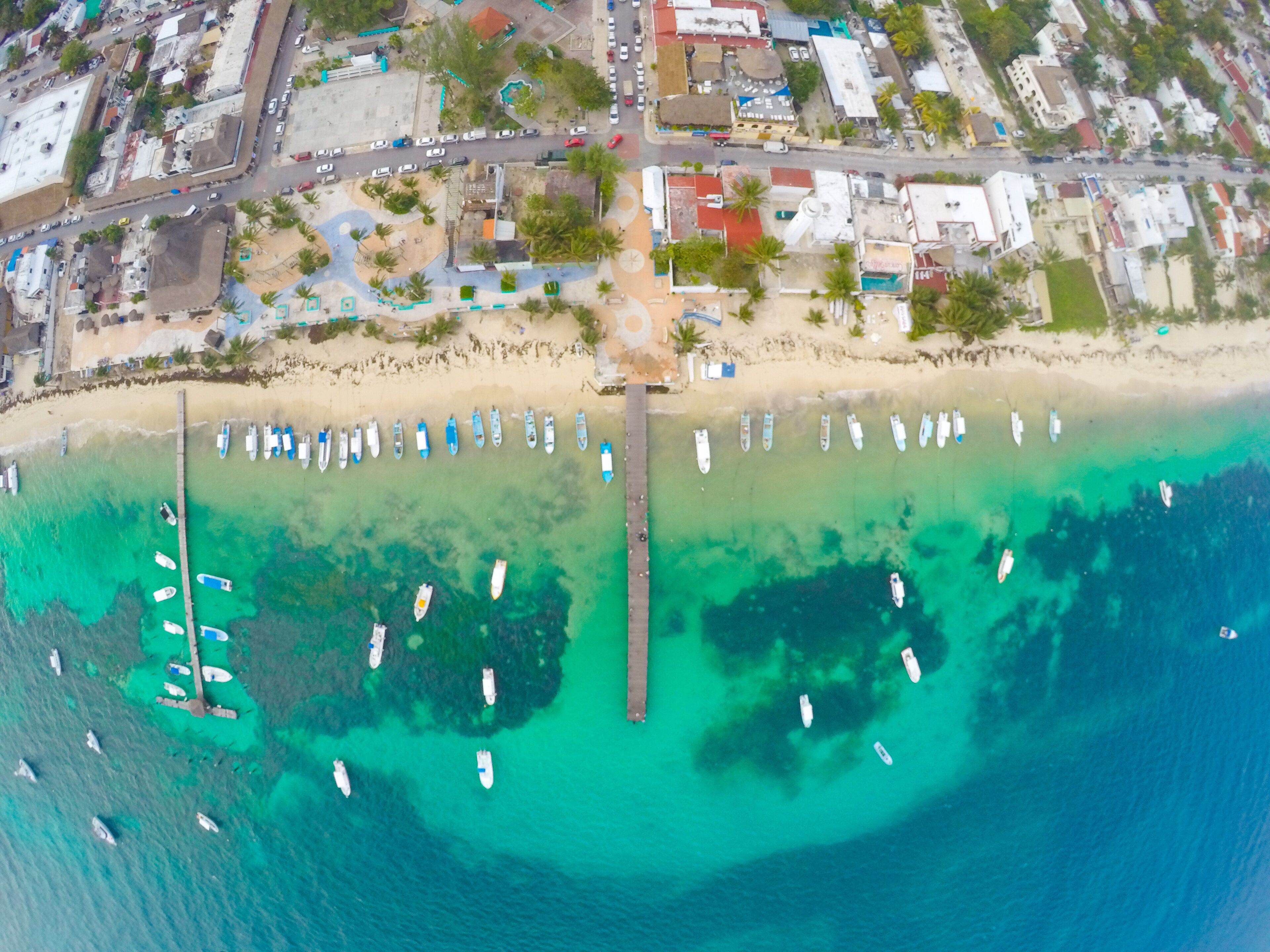 Aerial view on coast of Caribbean Sea in Puerto Morelos, small Fishing village in Mexico. 