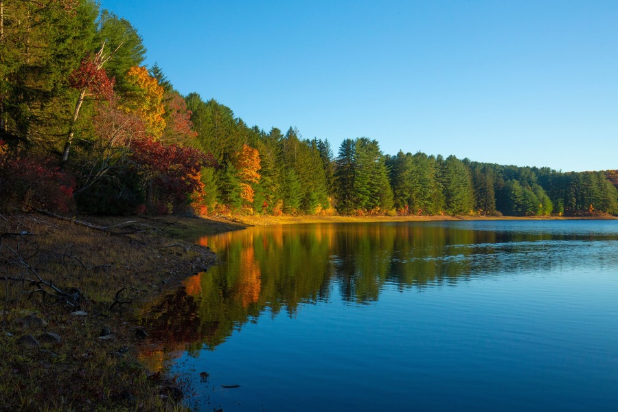 Placid fall scene at Buckingham Reservoir in Glastonbury, Connecticut.