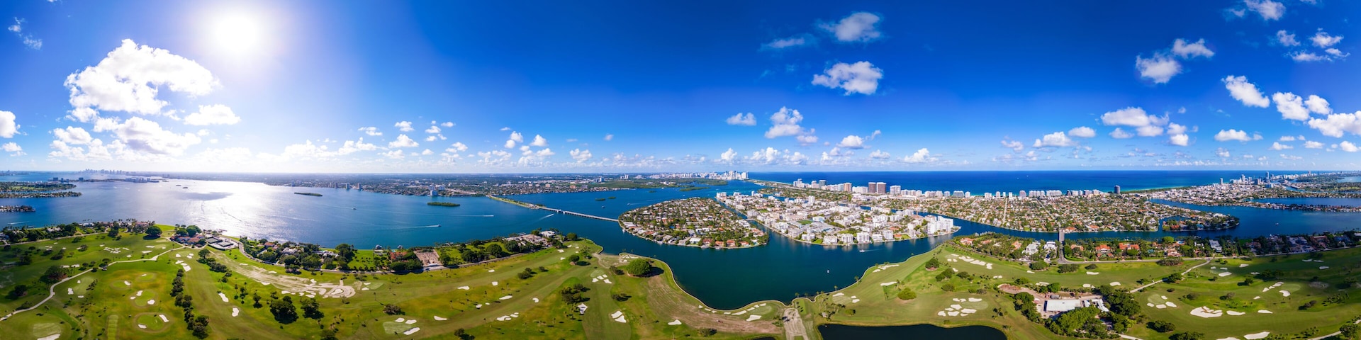 Aerial 360 equirectangular stock photo Miami Beach Indian Creek Island