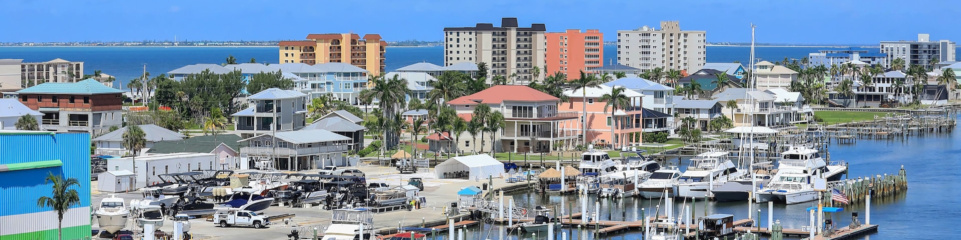 Aeral view of Fort Myers Beach downtown skyline and the Mantanza Pass Waterway and the Gulf.