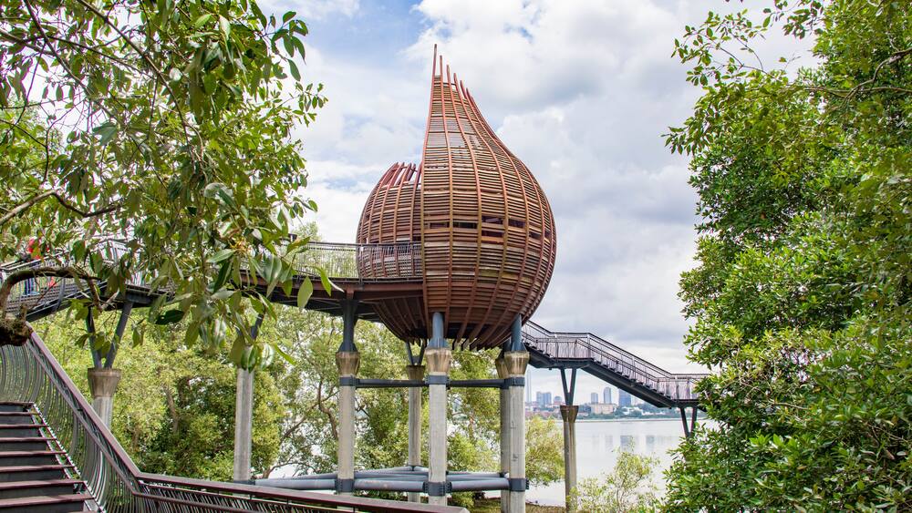 Singapore Mar 7th 2021: The observation point next to kingfisher pond in the Sungei Buloh wetland reserve.
The background is the buildings of JOHOR BAHRU Malaysia.