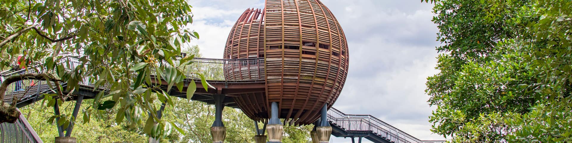 Singapore Mar 7th 2021: The observation point next to kingfisher pond in the Sungei Buloh wetland reserve.
The background is the buildings of JOHOR BAHRU Malaysia.