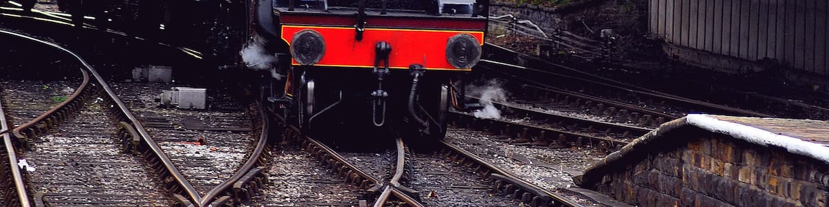 Eine Dampflokomotive mit der Nummer 13065 auf Gleisen unter einer Brücke.