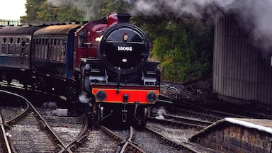 Uma locomotiva a vapor com o número 13065 sobre trilhos, com uma ponte acima.