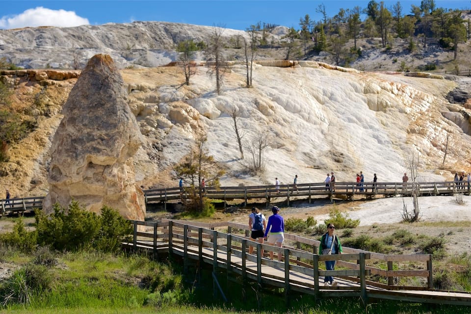 A wooden bridge over a river, surrounded by rocky terrain and sparse vegetation.