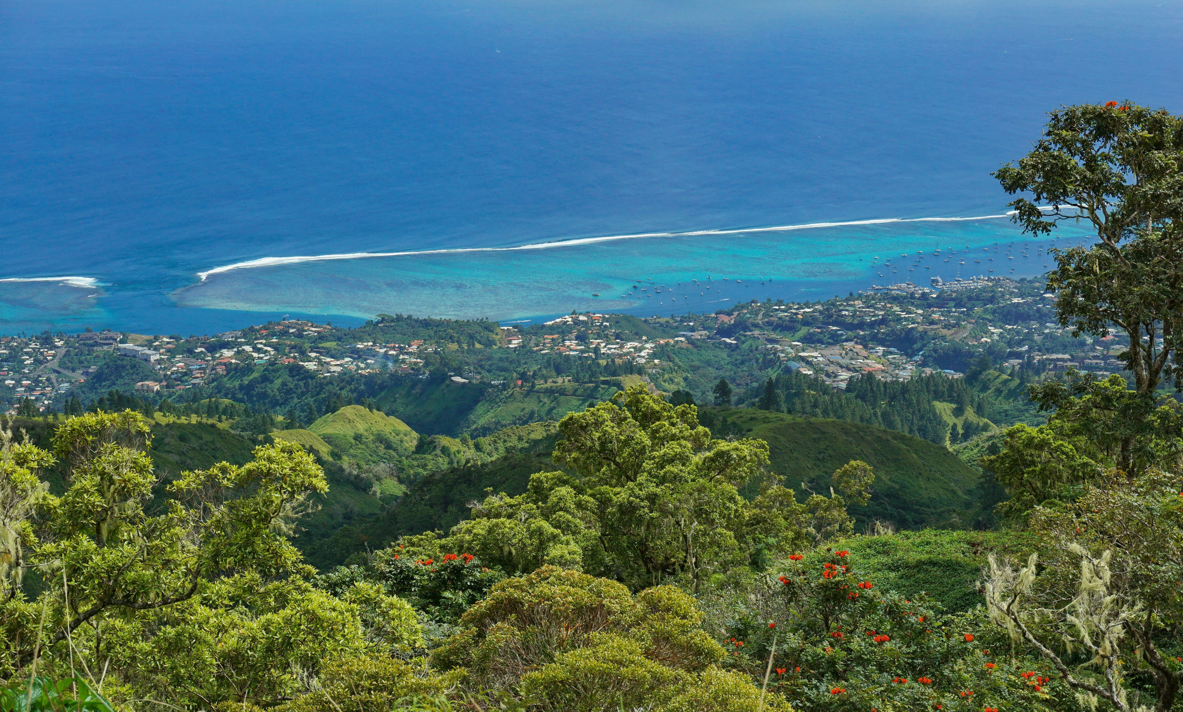 French Polynesia Tahiti island, view to the coast of Punaauia and its lagoon from the mountains, south Pacific ocean