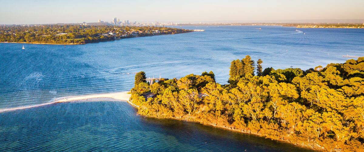 Paisagem costeira com praia arenosa, floresta verde densa e mar azul límpido.
