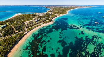 Aerial view of Point Peron and Shoalwater Bay with rocky limestone formations and seagrass.