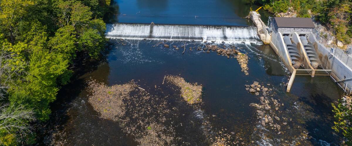 Highland Falls on Blackstone River aerial view in summer near village of Albion, between town of Lincoln and Cumberland, Rhode Island RI, USA.